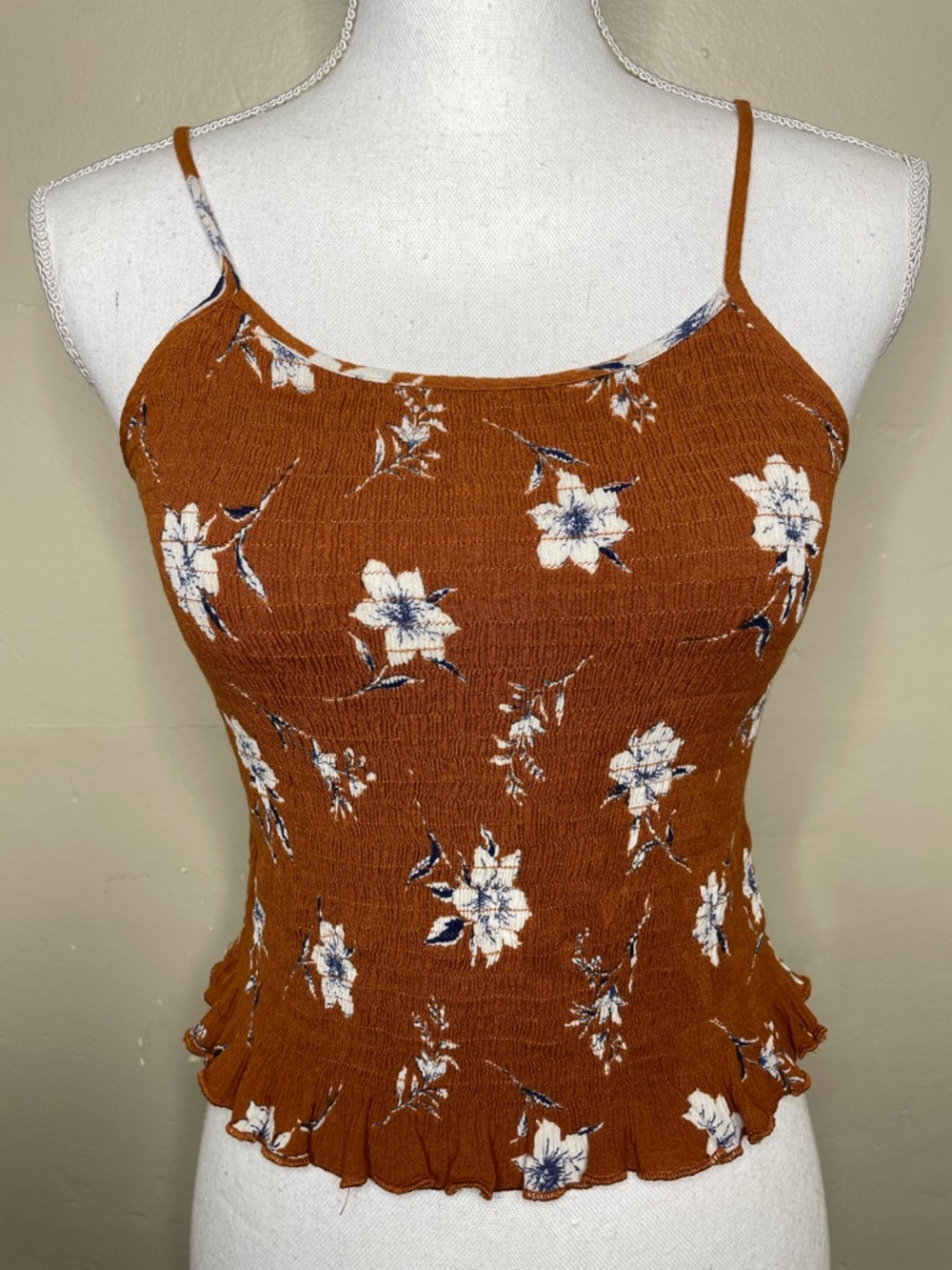 PAPER CRANE Brown & White Floral Smocked BOHO Spaghetti Strap Tank Top Small